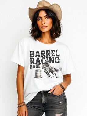 Barrel Racing Babe T-Shirt Western Coastal Cowgirl Horse Rodeo Graphic Tee White